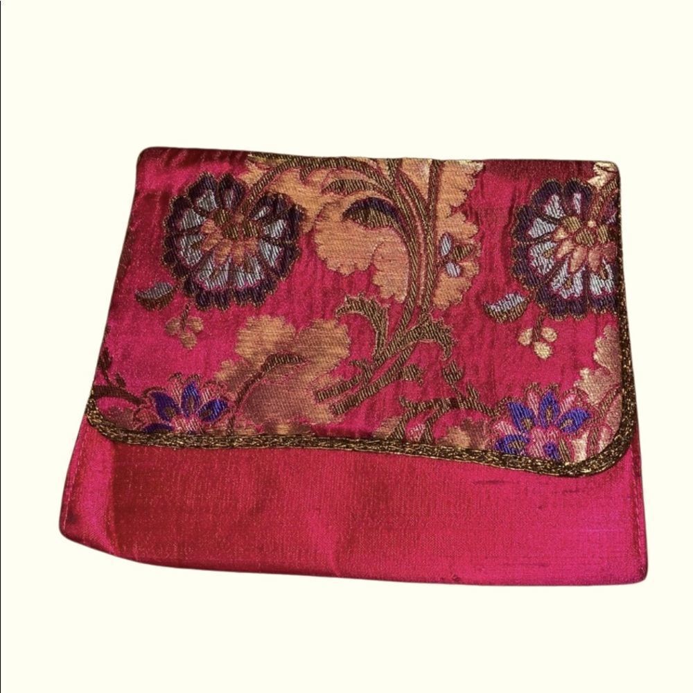 Fuchsia Pink Smal Embroidered Silk Brocade Envelope Style Front Snap Flap Clutch